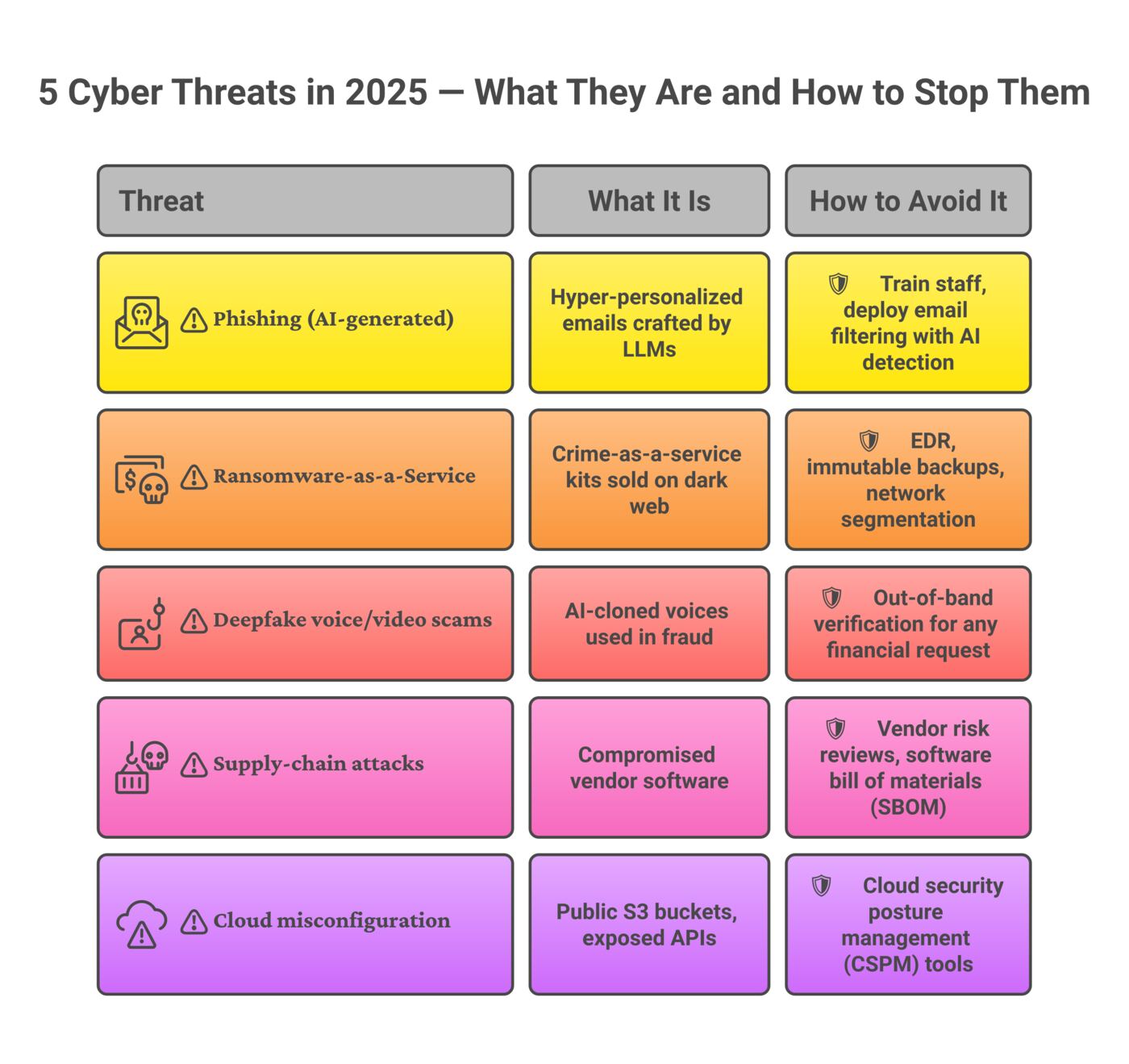 Two-column matrix comparing five major 2025 cyber threats (AI phishing, ransomware-as-a-service, deepfakes, supply-chain attacks, cloud misconfiguration) with their concrete mitigation strategies.