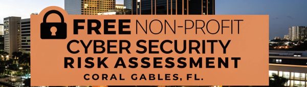 Evening view of Coral Gables cityscape with a prominent banner offering "Free Non-Profit Cybersecurity Risk Assessment" from RRG Networks.