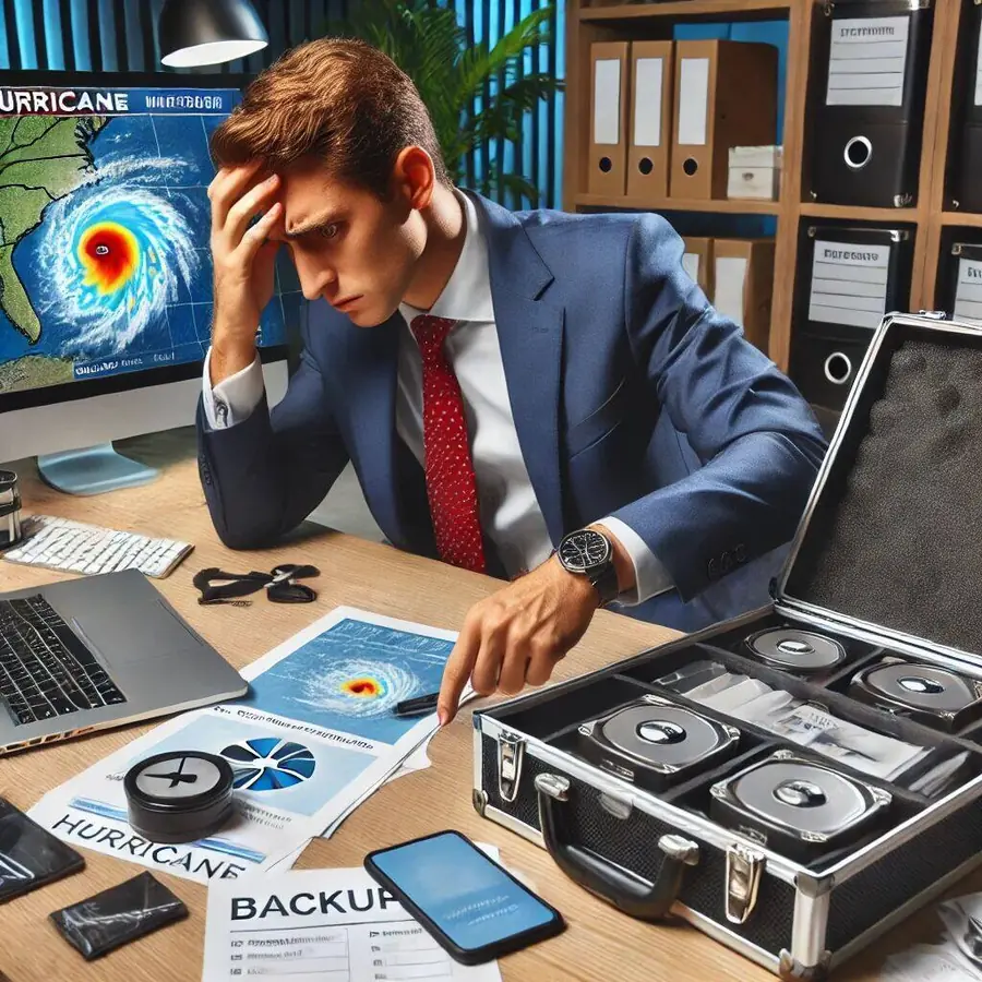 Business owner reviewing hurricane preparedness checklist for IT systems, data backups, and operational continuity