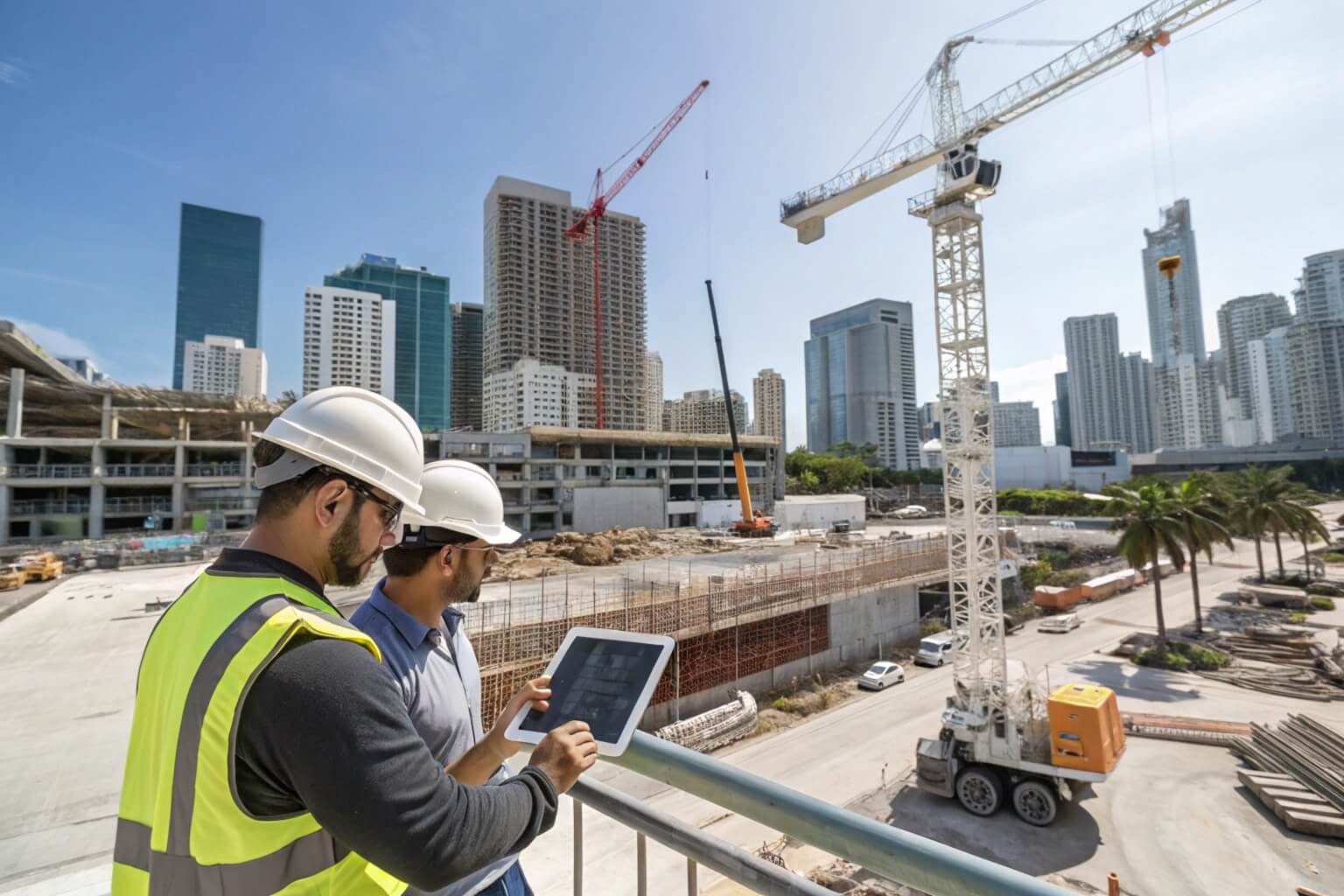 Modern Miami construction site with digital interfaces and workers using tablets