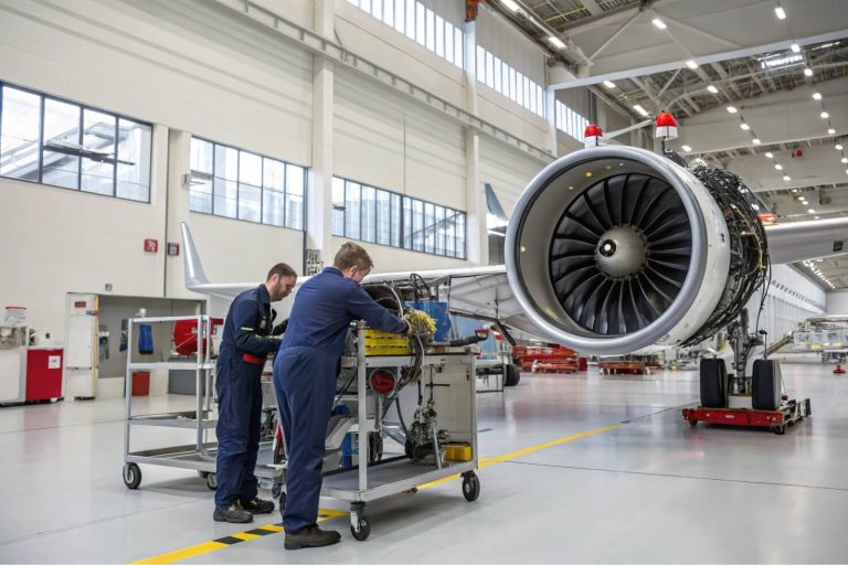 Two aerospace engineers performing maintenance on an aircraft engine in a spacious, well-lit aerospace manufacturing facility.