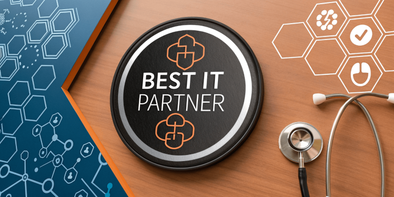 Best IT Partner badge for primary care clinics, featuring healthcare symbols and technology icons on a professional medical-themed background.