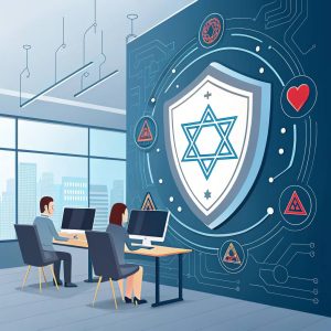 Office environment with two individuals working on computers, a large shield with the Star of David symbol prominently displayed on a high-tech wall, surrounded by digital security icons.