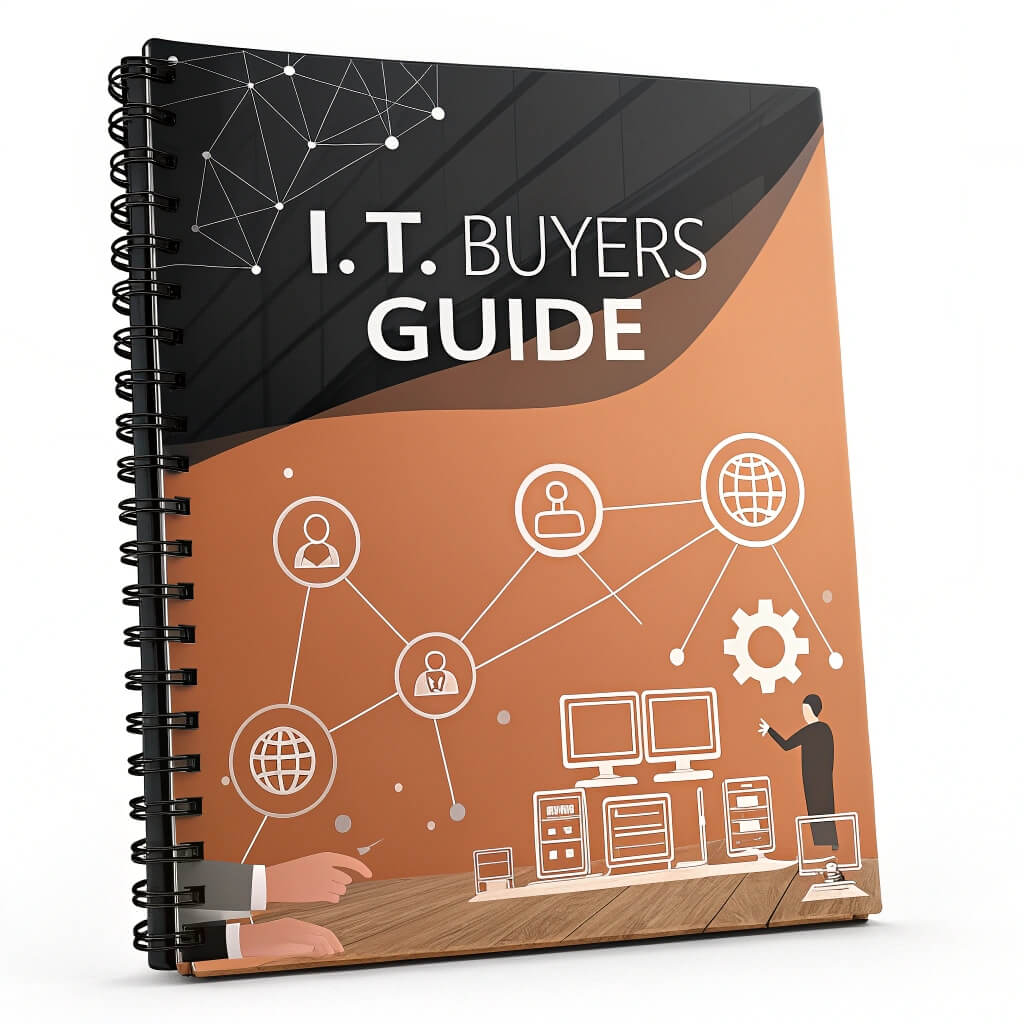 Cover of IT Buyers Guide showing a professional network diagram with business icons and technology elements.