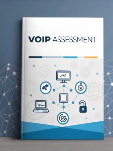 A professionally designed cover for a "VoIP Assessment" report, featuring interconnected icons of computers, locks, and communication nodes over a background of digital networks and geometric patterns in blue and white tones.