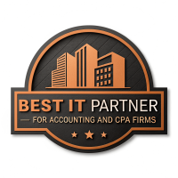 A logo featuring the text "Best IT Partner — For Accounting and CPA Firms" in bold orange lettering on a black circular badge with an outline of buildings above and three stars below.