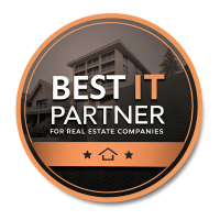 Best IT Partner badge for real estate companies, featuring modern buildings and recognition for outstanding IT services tailored for the real estate sector.