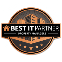 Best IT Partner badge for property managers, showcasing a modern building design and excellence in IT services for property management.