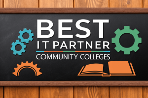 Best IT Partner badge for community colleges, featuring gears and a book symbolizing innovation and education through tailored IT solutions.