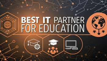 A digital banner featuring the text "Best IT Partner for Education" in bold white and orange letters. The background consists of a honeycomb pattern with abstract digital network designs. Icons representing education and technology are highlighted below the text, including a graduation cap with gears, people, and a computer.