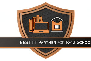 Best IT Partner badge for community colleges, featuring gears and a book symbolizing innovation and education through tailored IT solutions.