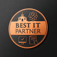 Best IT Partner badge for places of worship, featuring church icons and technology symbols to represent IT solutions tailored for religious organizations.