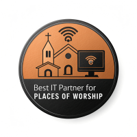 Best IT Partner badge for places of worship, featuring church icons and technology symbols to represent IT solutions tailored for religious organizations.