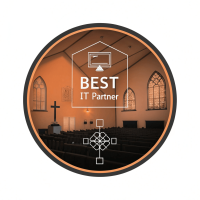 Best IT Partner badge for Presbyterian churches, showcasing a church interior with modern IT solutions for enhanced operations and communication.